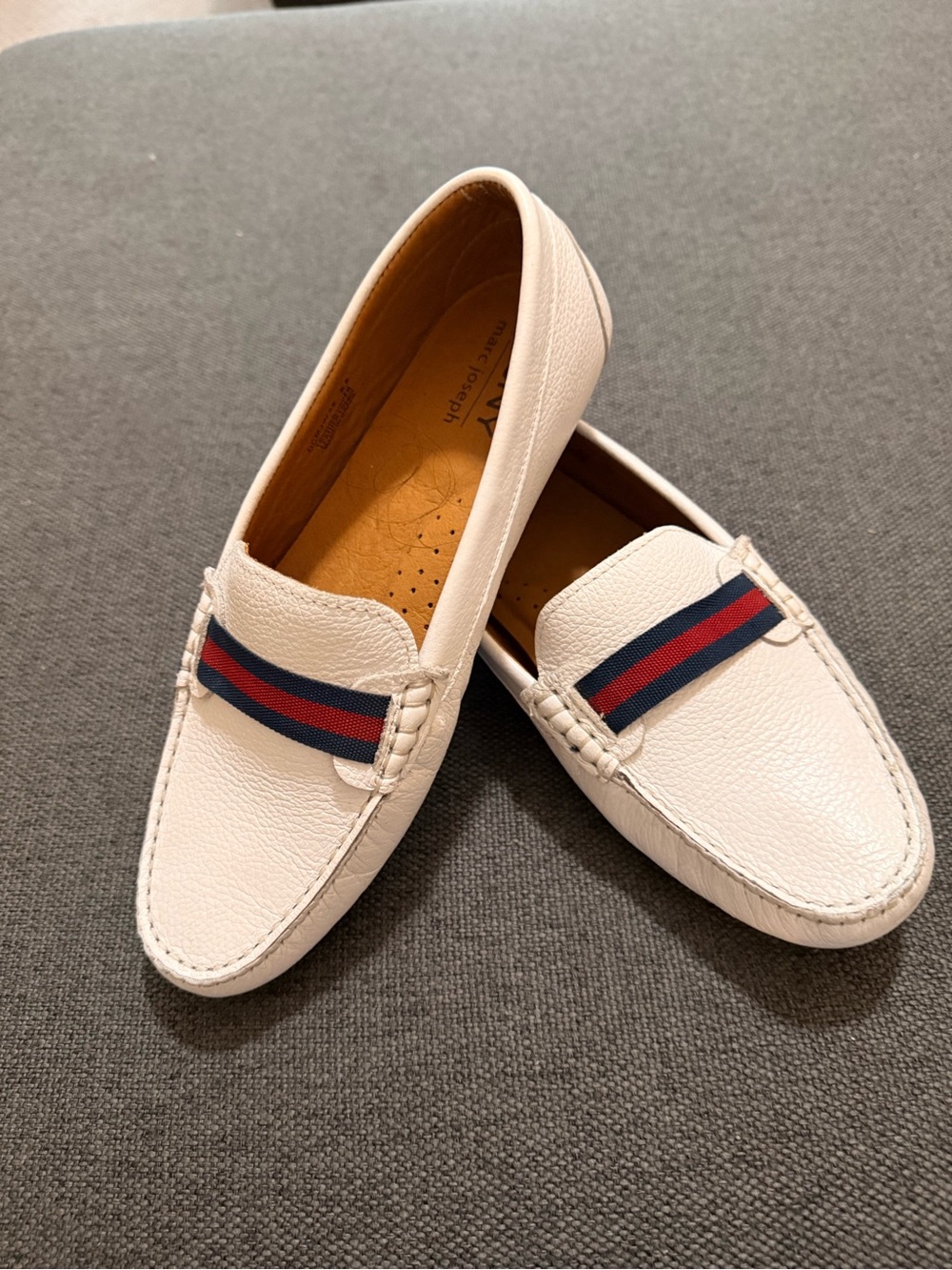 White Leather Women’s Slip-On Loafers with Navy & Red Ribbon